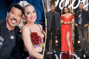 A split photo of Lionel Richie and Katy Perry posing and another photo of Lionel Richie, Katy Perry and Luke Bryan posing together