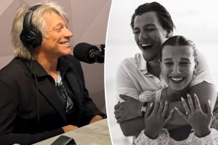 A split of Jon Bon Jovi speaking into a mic and Jake Bongiovi and Millie Bobby Brown in a black-and-white photo from their proposal.