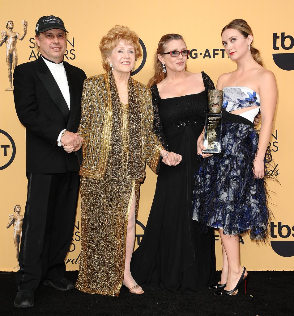 Todd Fisher, actress Debbie Reynolds, actress Carrie Fisher and Billie Lourd in 2015.