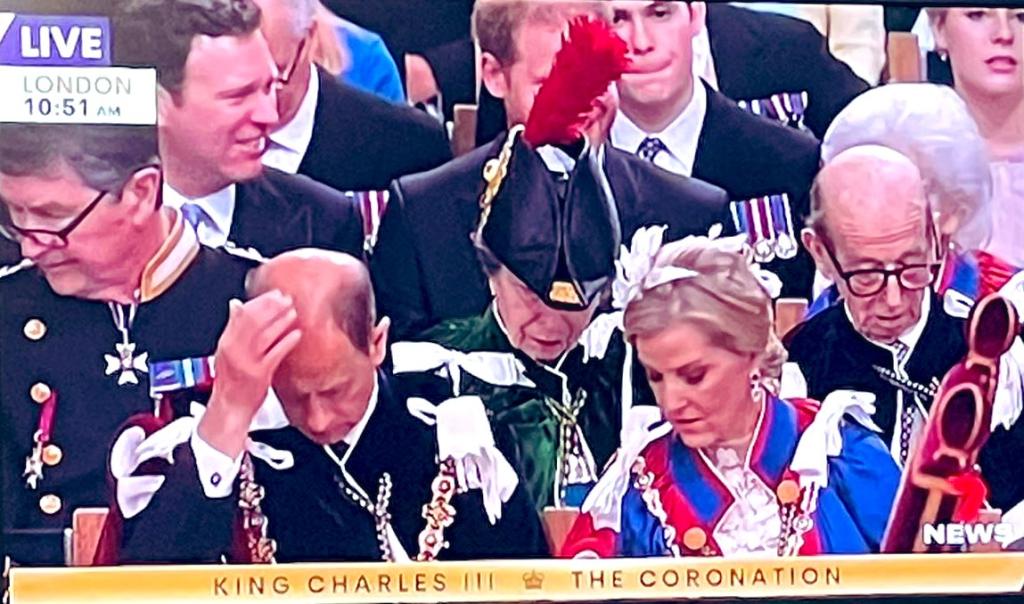 Prince Harry sitting behind Princess Anne at King Charles' coronation.