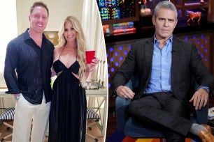 A split photo of Kroy Biermann and Kim Zolciak posing for a photo together and ANdy Cohen sitting on "WWHL"