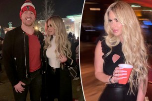 A split of Kim Zolciak solo holding a red cup and her posing with Kroy Biermann.