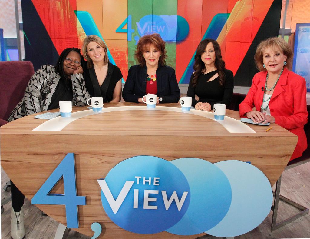 Barbara Walters and Joy Behar.  Guests include Elisabeth Moss and Mario Cantone sitting on "The View"