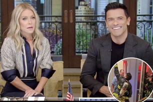 Kelly Ripa and Mark Consuelos sitting on "Live with Kelly and Mark" and a small photo of their living room with red lights outside