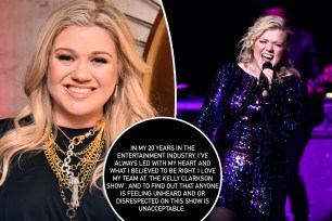 Kelly Clarkson with inset of her Instagram post responding to toxic work environment at her talk show.