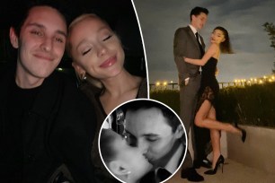 A split photo of Ariana Grande and Dalton Gomez taking a selfie and a photo of Ariana Grande and Dalton Gomez posing and a small photo of them kissing on their wedding day