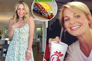 Candace Cameron Bure split with her holding fast food with an inset of a taco.