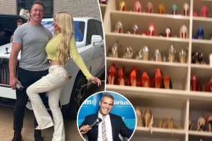 A split photo of Kroy Biermann and Kim Zolciak posing together and Kim Zolciak's shoe closet and a small photo of Andy Cohen talking