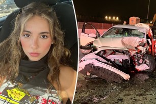 A split of a selfie of Haley Pullos and a totaled car.