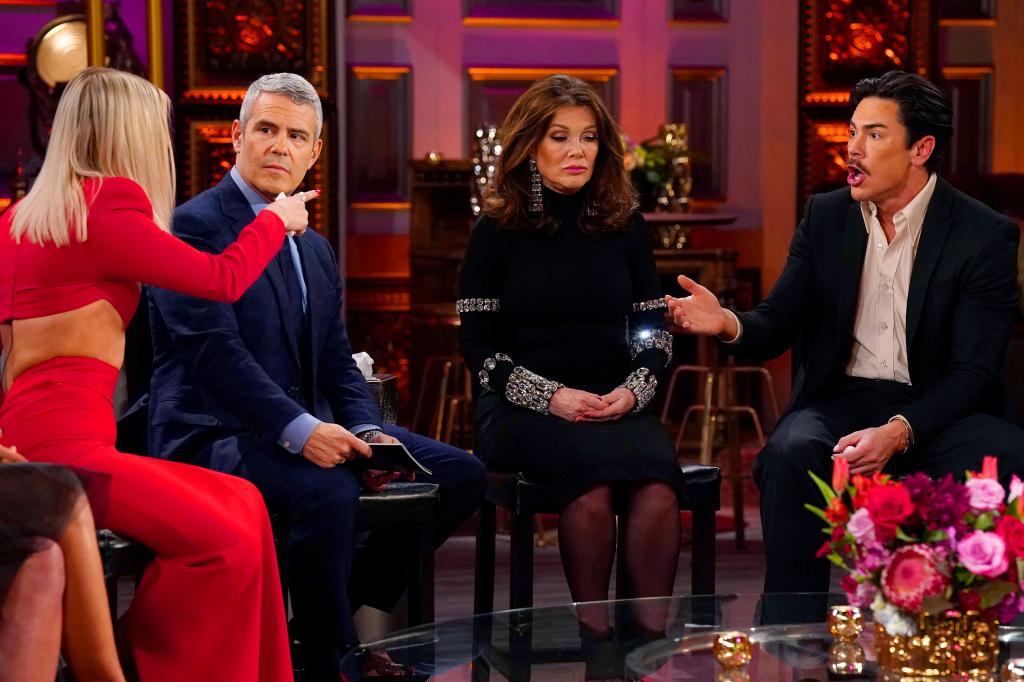 Andy Cohen, Lisa Vanderpump, Tom Sandoval talking on the "Vanderpump Rules" reunion