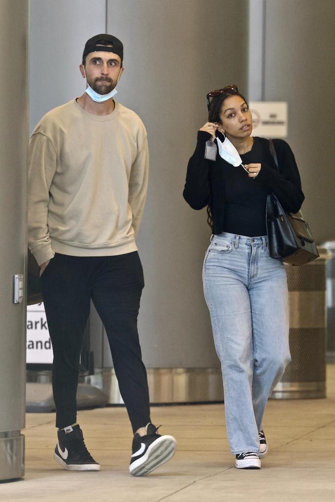 Corinne Foxx and her boyfriend leaving the physical rehab center in Chicago.