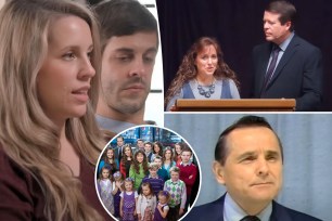 A collage of photos of Jill Duggar, Jim Bob Dugger, Michelle Duggar and Bill Gothard and a photo of the Duggar family in the inset.