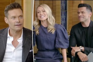 A split photo of Ryan Seacrest on "Live with Kelly and Mark" and Kelly Ripa and Mark Consuelos sitting