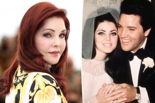 A split of Priscilla Presley and her when she was younger with Elvis Presley on their wedding day.