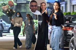 A split of Jamie Foxx's family visiting him in physical rehab center with an inset of a selfie of him with Corinne Foxx.