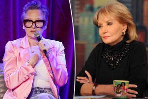 A split photo of Caroline Manzo talking on "Virtual Reali-Tea" and Barbara Walters sitting and staring