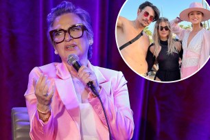 Caroline Manzo talking on "Virtual Reali-Tea" and a small photo of Tom Sandoval, Ariana Madix and Raquel Leviss