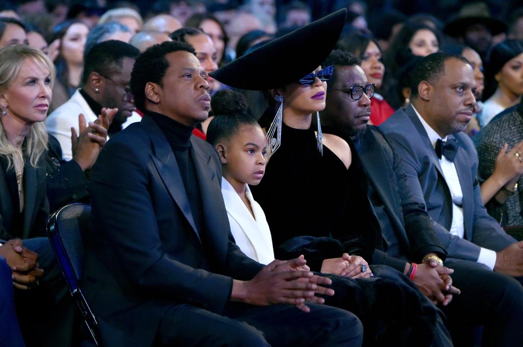 Beyoncé, Jay-Z and their oldest daughter, Blue Ivy, at the 2018 Grammys.