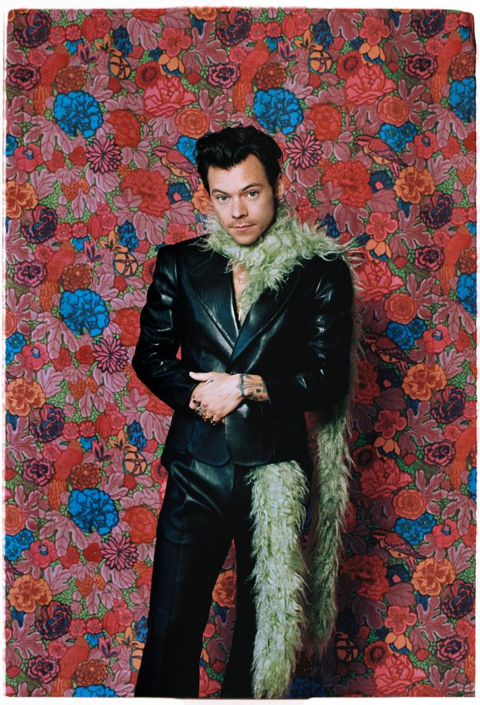 Harry Styles posing for the 2022 Grammy Awards.