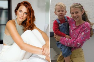 A split of Olivia Plath with red hair and a throwback picture of her holding her brother Micah.