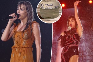 A split photo of Taylor Swift singing and another photo of Taylor Swift singing along with a small photo of the jars with rain