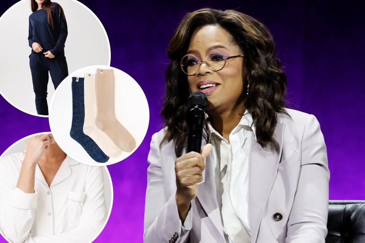 Oprah with insets of socks, pajamas and joggers