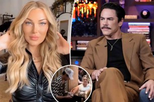 A split photo of a selfie of Karlee Hale, Tom Sandoval sitting on "WWHL" and a small photo of Tom Sandoval and Karlee Hale sitting at a bar