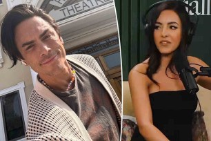 A split photo of a selfie of Tom Sandoval and Raquel Leviss talking on a podcast