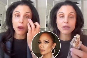 Bethenny Frankel applying serum, with an inset of Jennifer Lopez