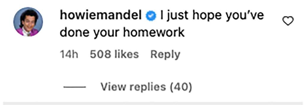 screenshot of a howie mandel instagram comment