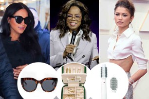 Meghan Markle, Oprah and Zendaya with insets of sunglasses, a jewelry box and a TS hair tool