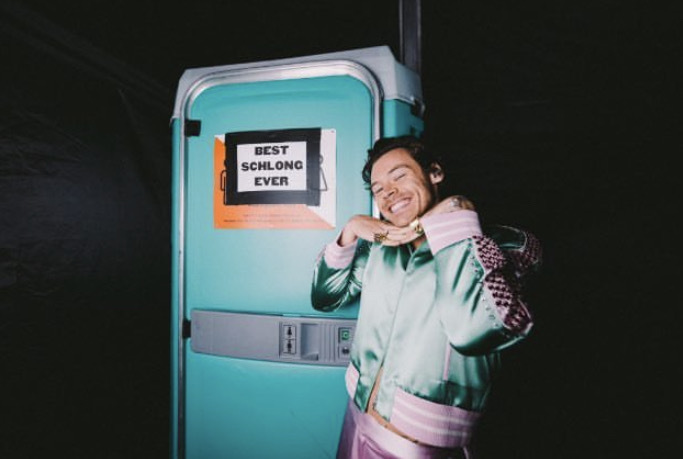 Harry Styles in front of a portable potty.