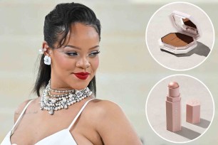 Rihanna in a white dress, looking at insets of a powder foundation and a highlight stick