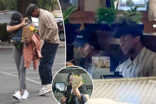 A split of Jonathan Majors and Meagan Good at Red Lobster with an inset of Good's mom holding a bouquet of flowers.
