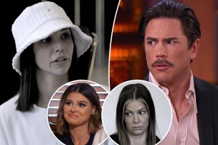 A split photo of Scheana shay talking and Tom Sandoval talking and two small photos of Raquel Leviss and Ariana Madix on "Vanderpump Rules"