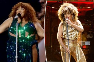 A split of Lizzo and Tina Turner performing.