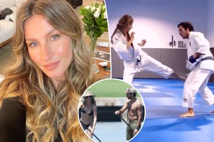 Gisele Bündchen and Joaquim Valente split with a selfie of her with an inset of them paddle boarding.