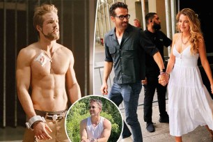 Blake Lively and Ryan Reynolds split with him shirtless with an inset of him showing his muscles.