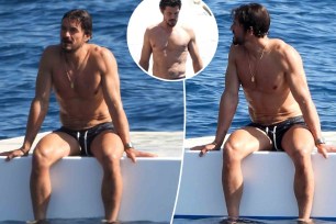 A collage of photos of Orlando Bloom on vacation.