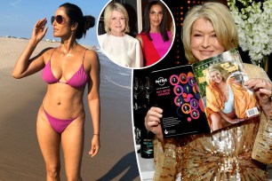 Padma Lakshmi in bikini, inset of her and Martha Stewart, split with Martha Stewart holding her Sports Illustrated Swimsuit cover.