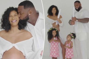 Chanel Iman pregnant with partner Davon Godchaux and her two daughters and showing a gender reveal.