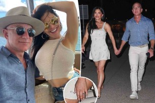 Jeff Bezos and Lauren Sanchez with inset of her engagement ring.