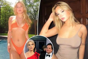 Claudia Conway posting in bikini and top with inset of her parents, Kellyanne and George Conway.