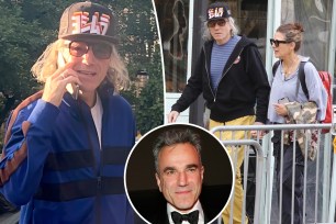 Daniel Day Lewis talks on phone, split with the actor walking with Rebecca Miller, as well as an inset of him in a suit