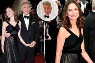 Harrison Ford and Calista Flockhart at Cannes Film Festival with inset of Ford admiring Flockhart's dress.