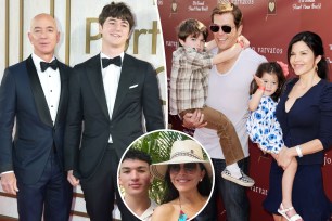 Jeff Bezos poses in suit with son Preston, split with Lauren Sanchez and Patrick Whitesell holding kids on red carpet, as well as Sanchez taking selfie with son Nikko