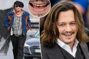 Johnny Depp walks with hands in pockets, split with the actor smiling in suit, as well as a close up of his teeth