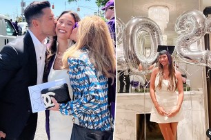 Kelly Ripa and Mark Consuelos kiss daughter Lola's cheeks, split with the 21-year-old posing in white graduation dress