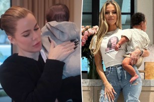 Two images of Khloé Kardashian holding her son Tatum.