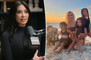 Kim Kardashian on podcast split with her and her kids on a beach.